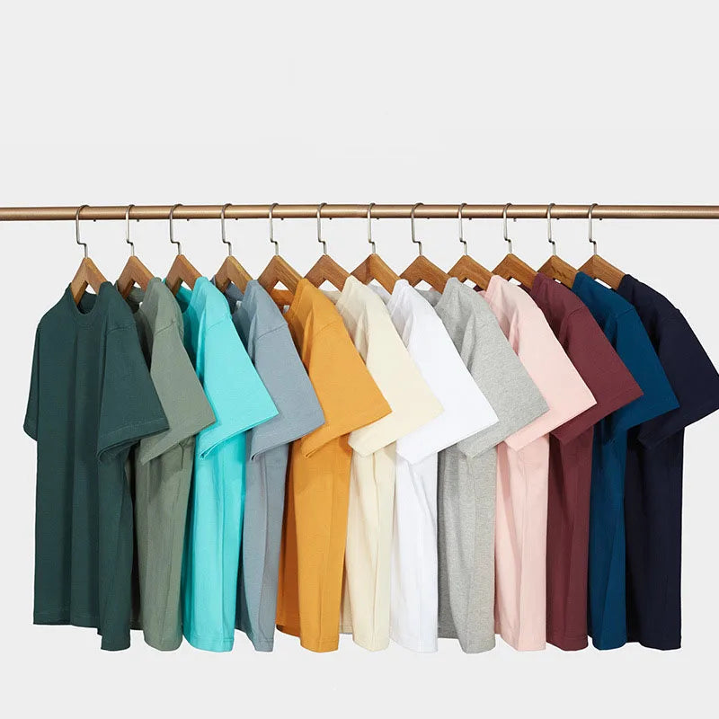 RNSHANGER Custom Logo 300g Heavy Cotton Summer T Shirt Men Fashion Short Sleeve Solid Color Tee Street Breathable Male Tshirt