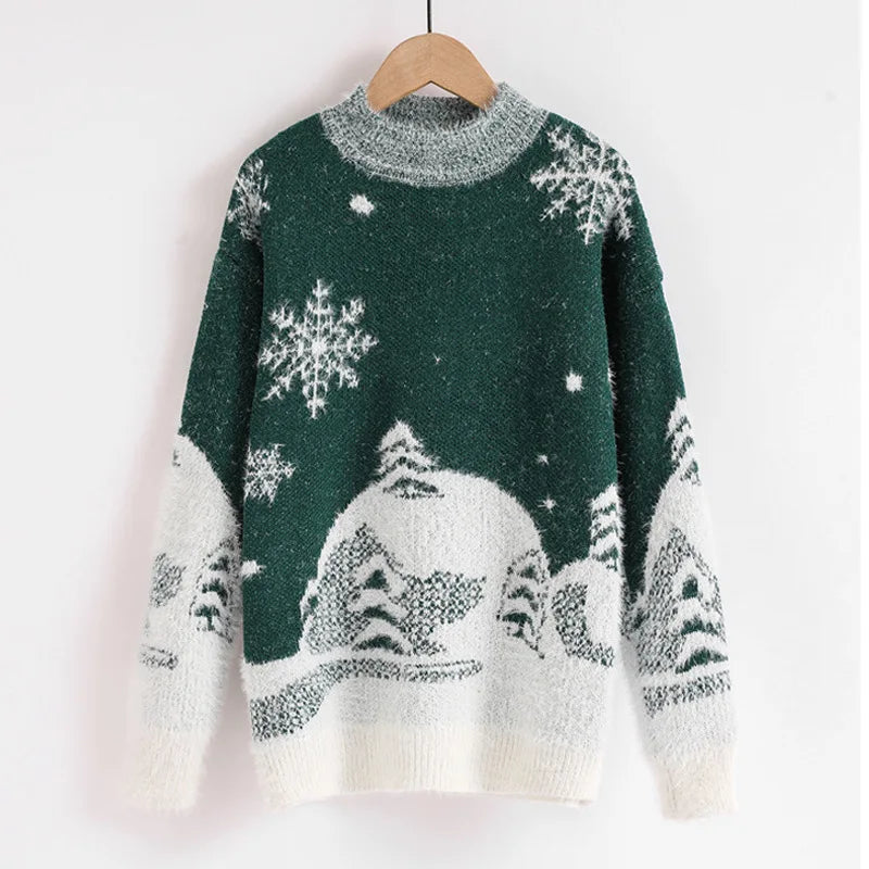 Ottoknit New Design Chunky Knit Green Mohair Jacquard Pullover Fuzzy Ugly Christmas Sweater for Women