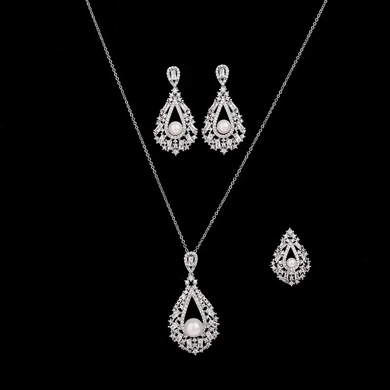 Chic 3 Pcs Stud Earrings Adjustable Ring Jewelry Sets 18K Gold Plated Micro Pave Cubic Zirconia CZ Geometric Necklace Set CN2952