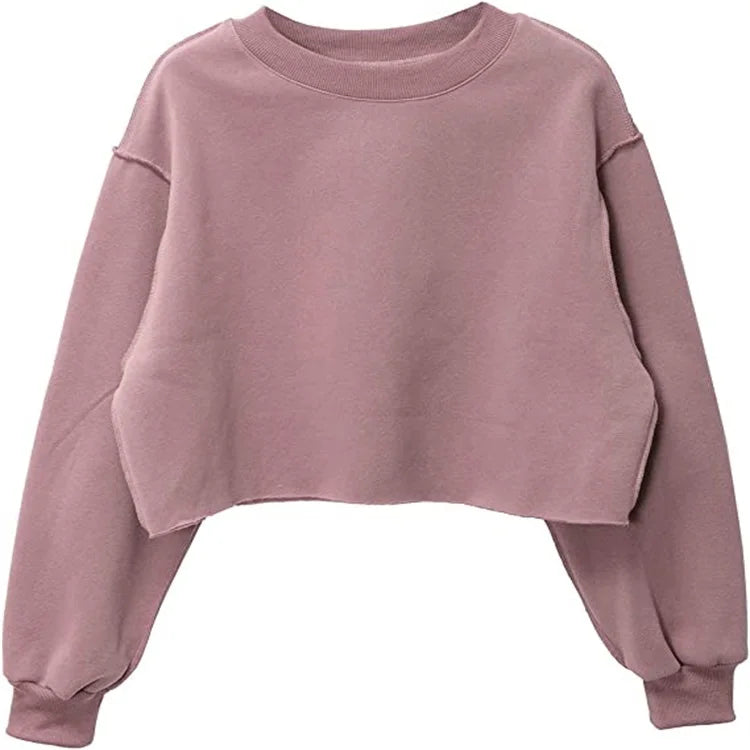 Clothes Manufacturer Custom Logo Cotton Fleece Raw Hem Pullover Crewneck Crop Sweatshirt for Women