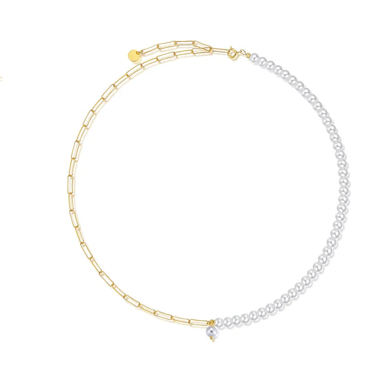 Women Fine Jewelry 925 Sterling Silver Chain Necklace Gold Plated Paper Clip Half Chain Half Pearl Necklace