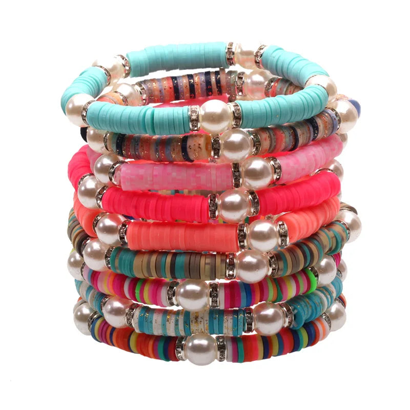 Fashion Bohemian Soft Polymer Clay Beads Beaded Elastic Abs Pearl Beads Charm Elastic Cord Bracelet Jewellery