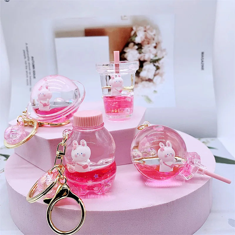 Cute White Rabbit Pink Series Bracelet Keychain Accessories Pink Oil Liquid Peach Keychain for Girls