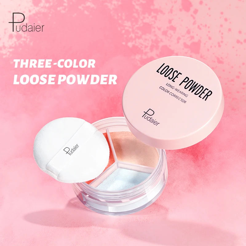 Pudaier Wholesale New Arrival Oil Control Three-Color Loose Powder Long Wearing Matte Powder OEM Face Makeup Concealer Powder