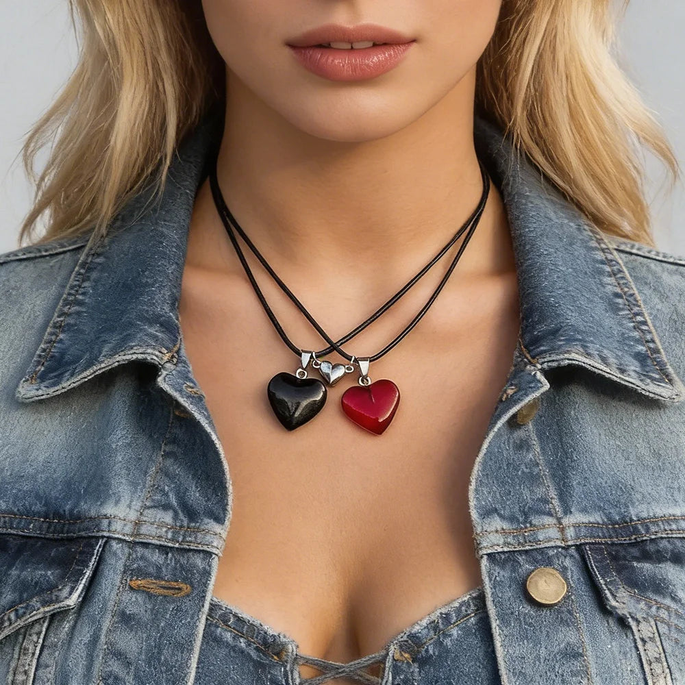 2Pcs Goth Magnetic Attraction Love Pendant Necklace Women Creative Leather Braid Wax Cord Short Chain Valentine's Day
