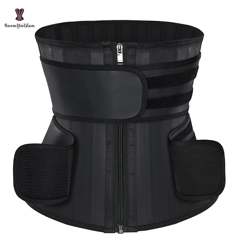 High Compression Girdle With Custom Logo Plus Size Glitter Latex Zip 25 Steel Bone Waist Trainer With Double Belts