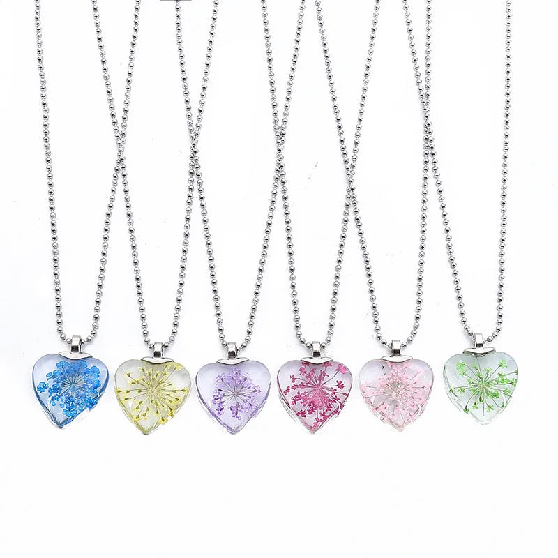 Dropshipping Cheap American Fashion Jewelry  Dried Flower Peach Glass Transparent Gypsophila Heart Dried Flower Women Necklace