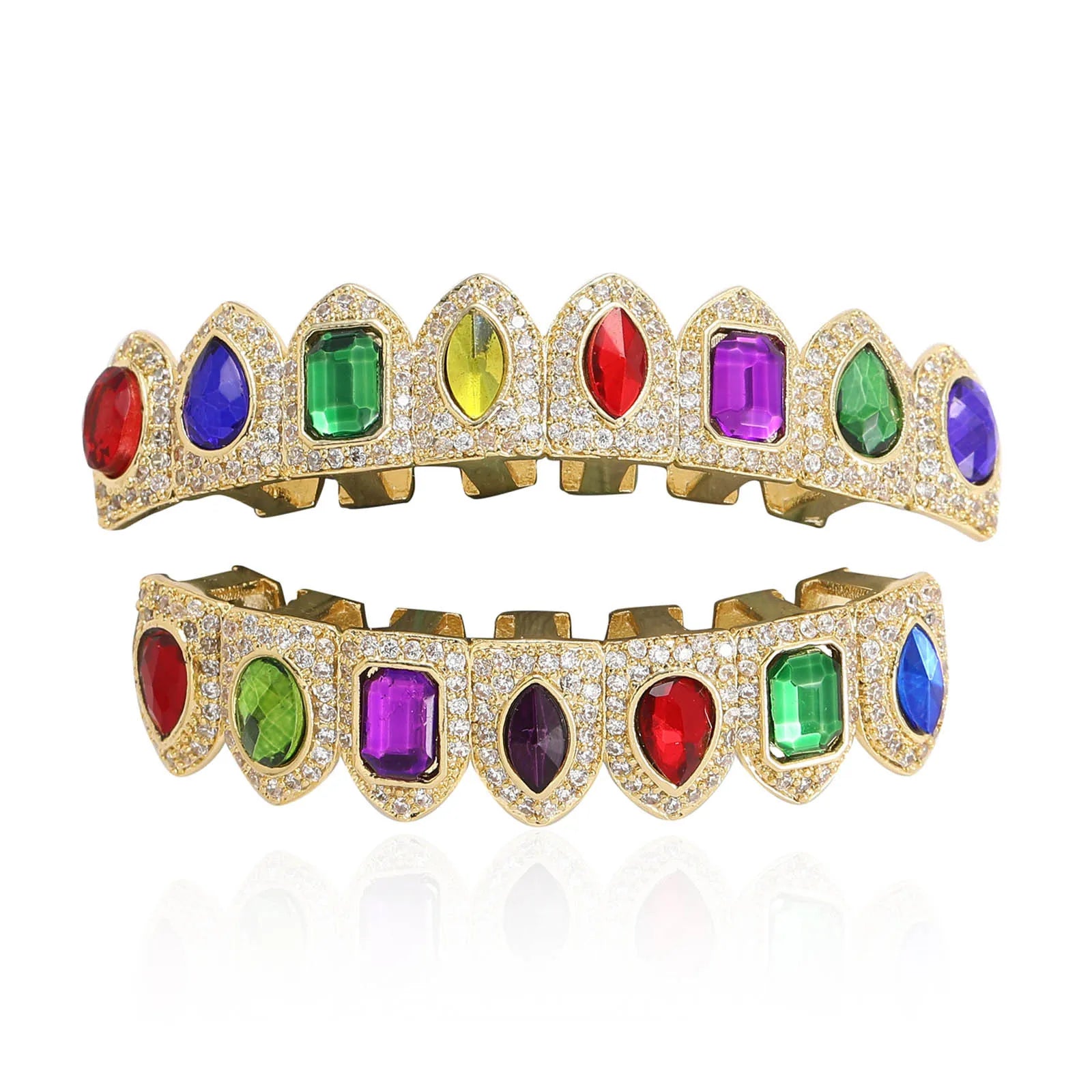 Personalized Punk Tooth Grillz Set Sparkling Colorful Gemstone Brass Body Diamond Zircon Trendy Gold Plating Hip-hop Style Men's
