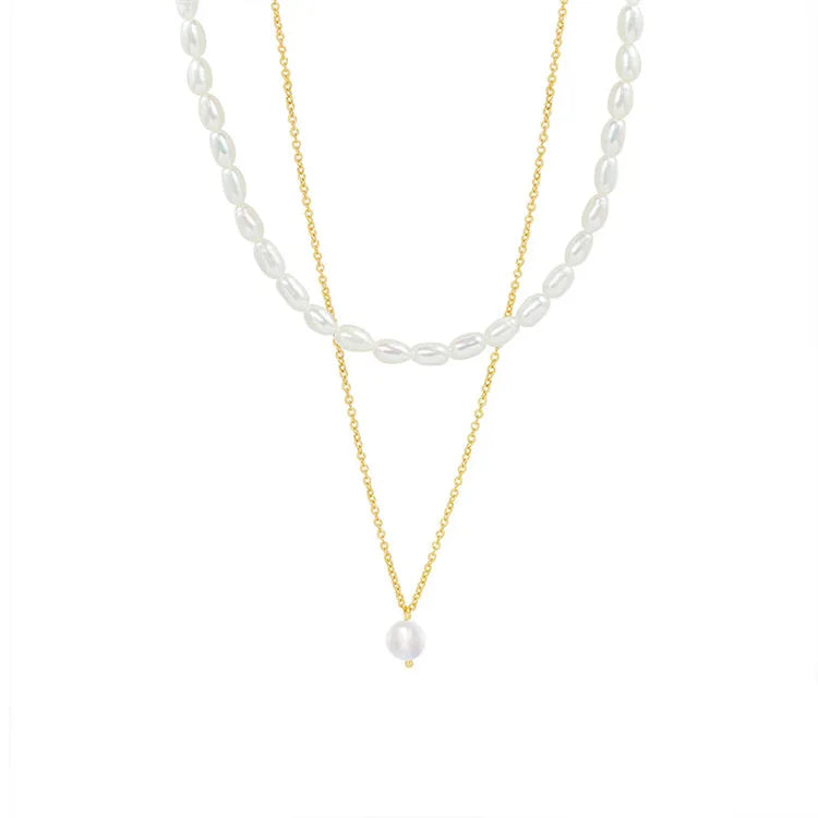 SP Natural Beads Jewelry 18K Gold Plated Stainless Steel Made Double Layered Freshwater Pearl Chain Necklace