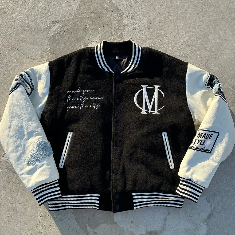 Custom Logo Wool Chenille Embroidery Flat Embroidery Bomber Jacket Hip Hop Style Winter Basketball Patchwork Design Men's