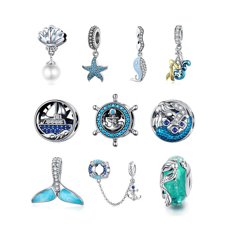 925 Charms Original Design Ocean Series Zircon Rhinestone Sea Silver Charms for Jewelry Making Wholesale