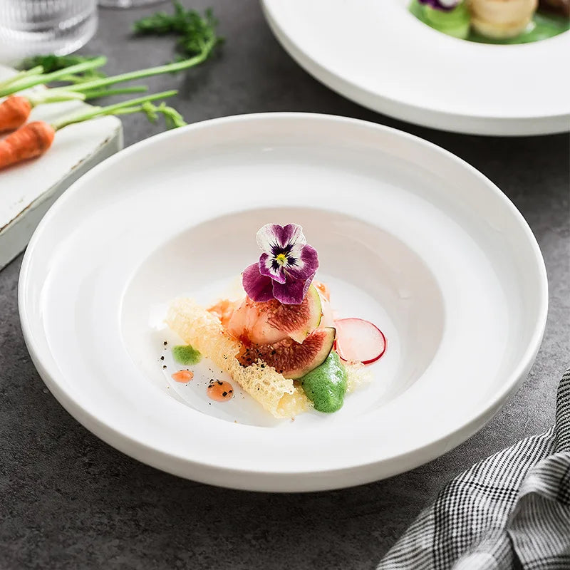 Customized White Ceramic Dinner Plates Eco-Friendly Glazed Deep Soup Dish Hotel Restaurant Porcelain Dessert Plate Western Style