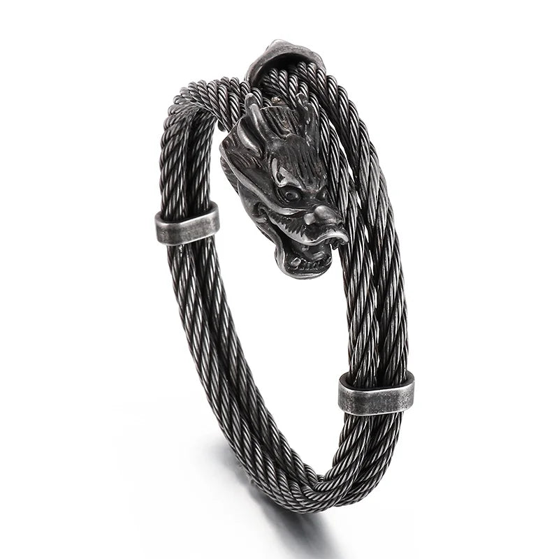 KALEN Punk Mens Stainless Steel Cuff Bracelets With Dragon Head&Tail Charms