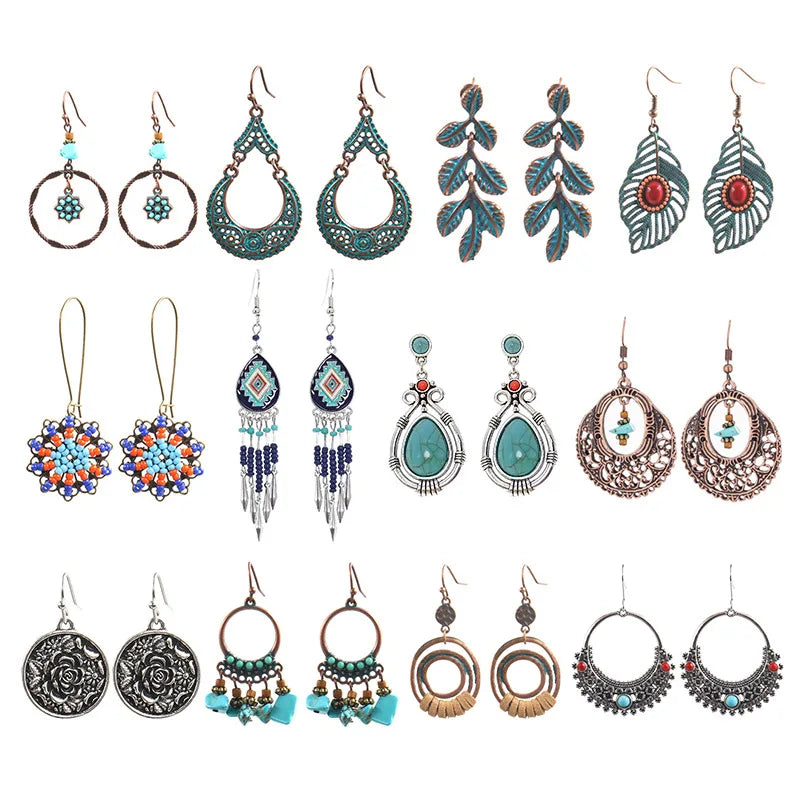Vintage Bohemia Style Antique Bronze Gold Plated Metal Leaf Seed Beads Turquoise Boho Earring Jewelry for Women