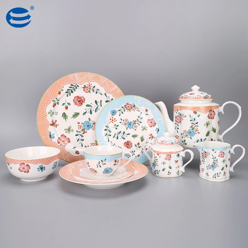 Elegant Flower Classical Design Ceramic Teapot Cup Plates Set for Afternoon Tea Turkish Vintage Porcelain Drinkware Set
