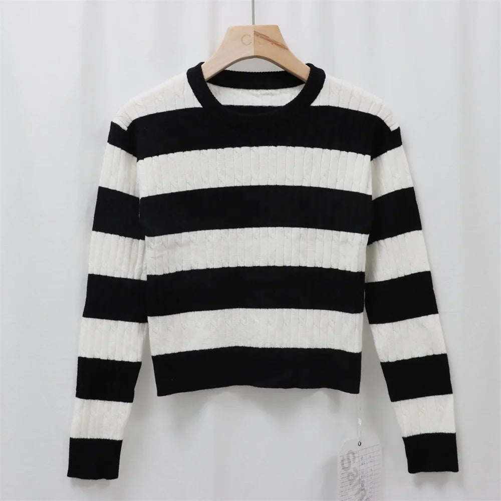 Breathable Autumn Two Colors Striped Full Sleeves Crew Neck Women's Rib Knitted Custom Sweater Pullover Manufacturer