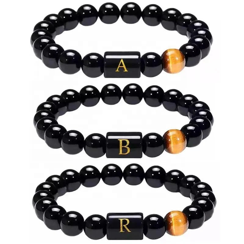 Wholesale Crystal Beads Bracelet 26 English Letter Bracelet Natural Tiger's Eye Stone  Bracelet for Men and Women