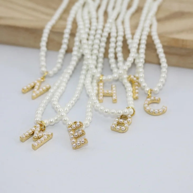 NP1048 Dainty 3mm Imitation Faux Pearl Necklace 18K Gold Plated Alphabet Initial Pendant Trendy Style for Women
