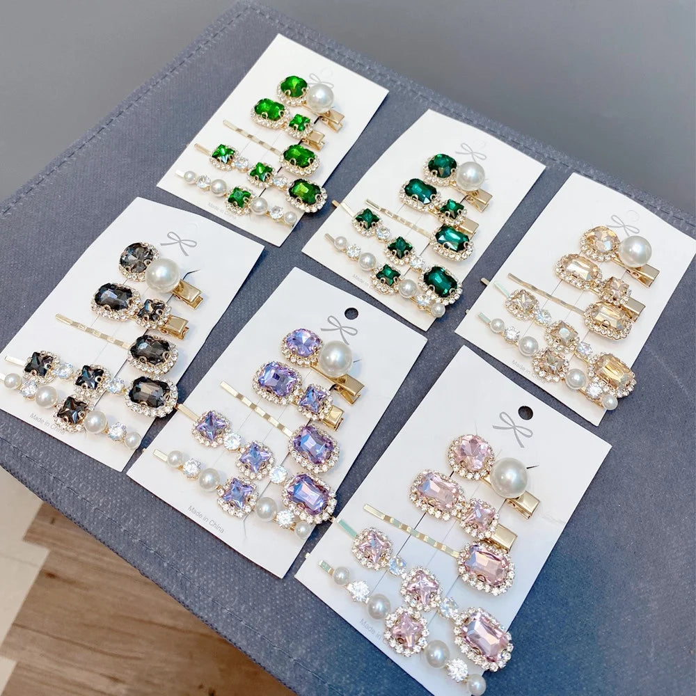 5pcs Set Vintage Princess Girls Hair Accessory Bling Crystal Diamond Stone Pearl Hairpins Green Emerald Hair Clips with Crystals