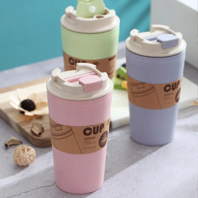 Colorful Water Bottle with Cover Double Wall Drink Cup Eco Feriendly Wfheat Swtraw Coffee 420ml Reusable Eco-friendly Dishwasher