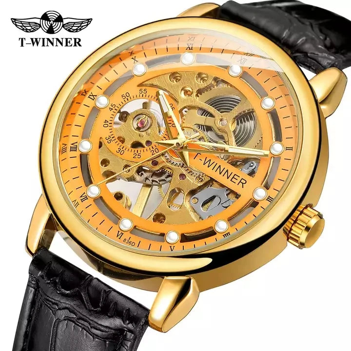 Winner Men Gold Mechanical Watch Skeleton Waterproof Watches Fashion Steel Case Man Wristwatch Transparent Case Men's Clock