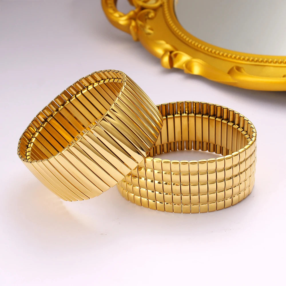 28mm Exaggerated Wide Flexible Stainless Steel Bangle Unisex Textured Gold Plated Waterproof Bracelet