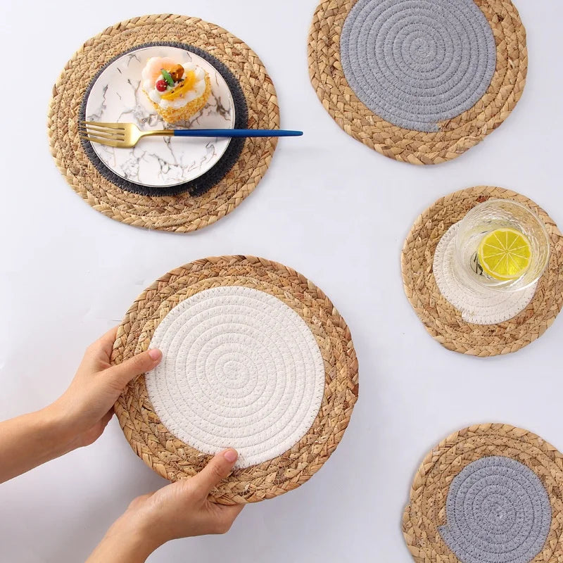 Straw Woven Cotton String Double Placemats Durable Heat Insulation Pads Hand-woven Dish Mat