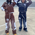 Custom Men Hoodies and Sweat Pants Set Acid Wash Tech Fleece Tracksuit Distressed Embroidery Flared Sweatpants and Hoodie Set