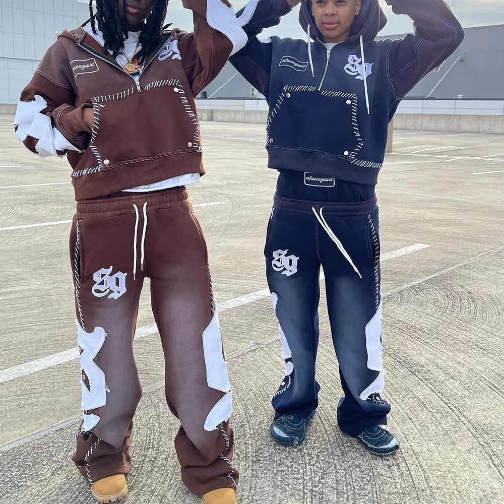 Custom Men Hoodies and Sweat Pants Set Acid Wash Tech Fleece Tracksuit Distressed Embroidery Flared Sweatpants and Hoodie Set