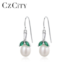 CZCITY Drop Earing Leaf Lady Zircon 925 Silver Hot Sale Fresh Water Woman Gold Freshwater Pearl Earrings