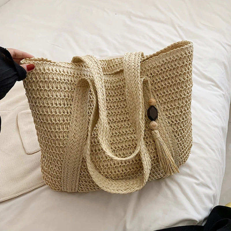 ASimple Large Capacity Women Straw Shoulder Bags Light Commute Ladies Bucket Beach Underarm Bag Solid Color Female Handbags Tote