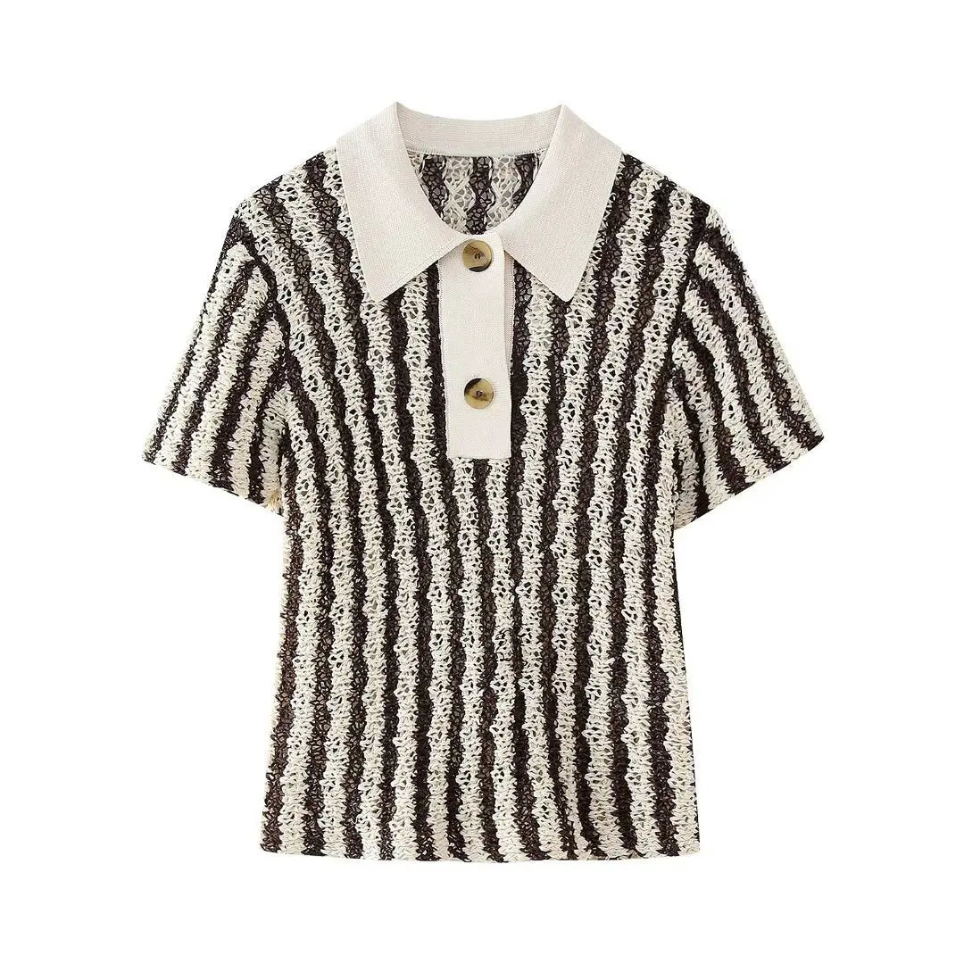 OEM Women's Casual Summer Short Sleeve for Polo Breathable Knitted Sweater Shirt Button Neck Front Logo Lightweight Stretchy Top
