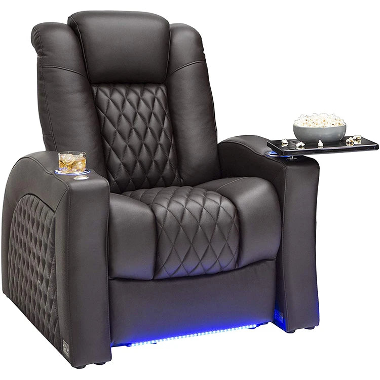 Top Grain Brown Leather Single Recliner Chair with LED Lighting for Home Theater & Living Room Okin Recliner for Bedroom