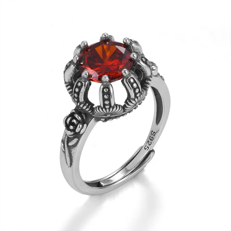 Vintage Thai 925 Silver Plated Crown Ring for Men Women Rose on Claw Punk Gothic Brass Finger Ring Chinese Luck Ring