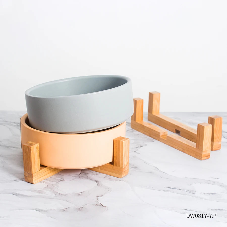 Wholesale Custom logo Food Water Pet Feeder Ceramic Cat Dog Feeding Bowl Porcelain Pet Bowl with Bamboo Stand