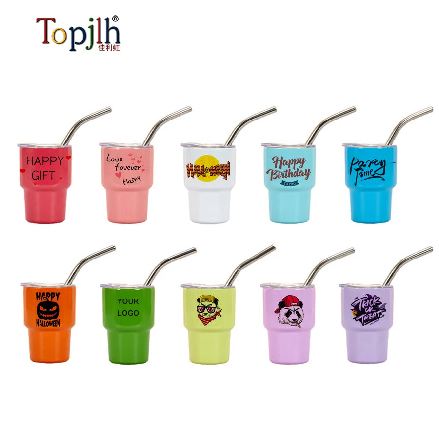 Topjlh Mini 3oz Stainless Steel Double Wall Vacuum Insulated Shot Glass Tumbler with Straw Sublimation Mug for Bar Party