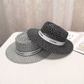 Vintage Elegant Ladies Summer Beach Wide Brim Sun Hat Black White Mesh Striped Flat Top Church Hat Straw Hats Sombrero for Women