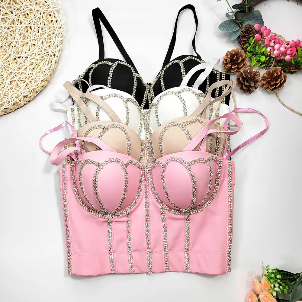 French Design Large Size Suspenders Women's Inner and Outer Wear Fishbone Tops Beaded Bright Drills Tight-fitting Chest-wrap Ves