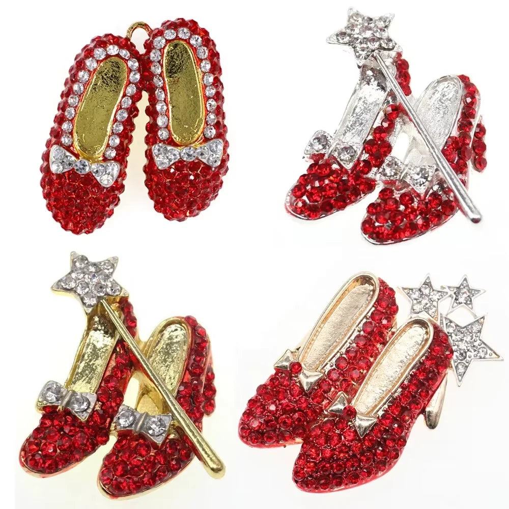 Fashion Crystal Red High-Heeled Shoes Wizard of Oz Brooch Pins for Women & Children's Party Gift Gold Plated Alloy