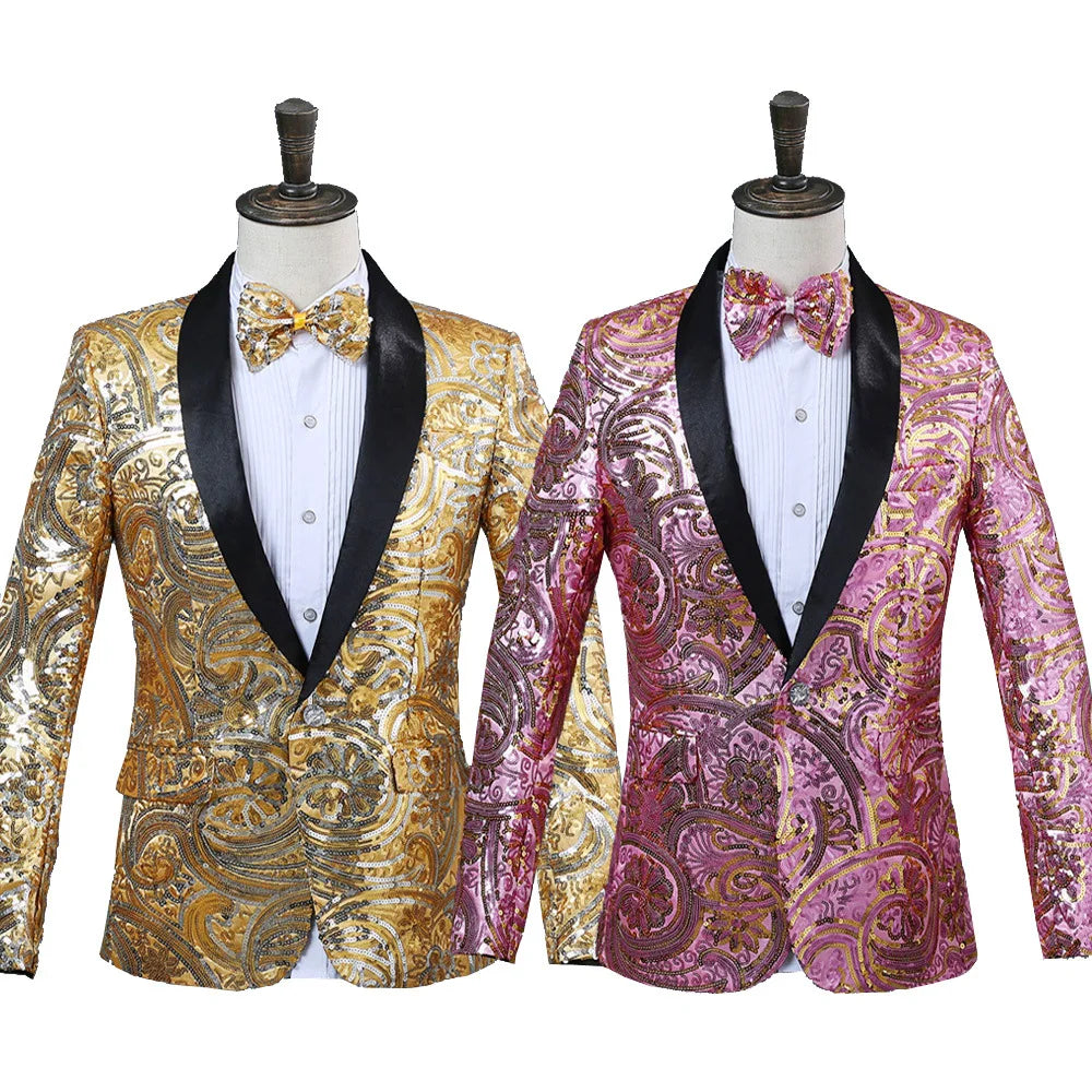 Shiny Red Sequin Shawl Collar Tuxedo Suit Blazer Glitter Suit Jacket DJ Club Stage Blazer Hombre Wedding Groom Singer Prom Men