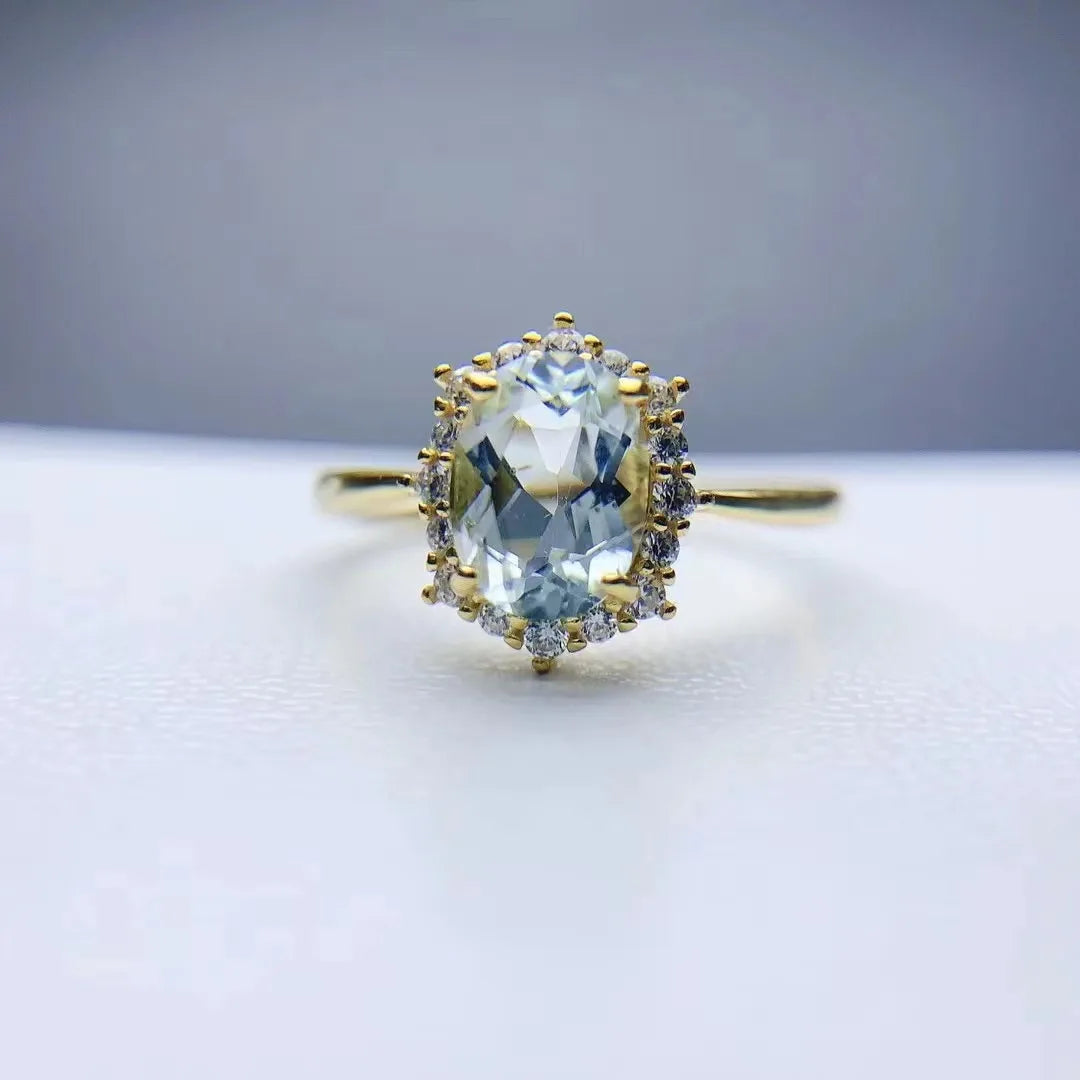 925 Sterling Silver Women's Adjustable Rings Hot Popular Simple Enamel with Natural Aquamarine Classic Oval Cut for Weddings