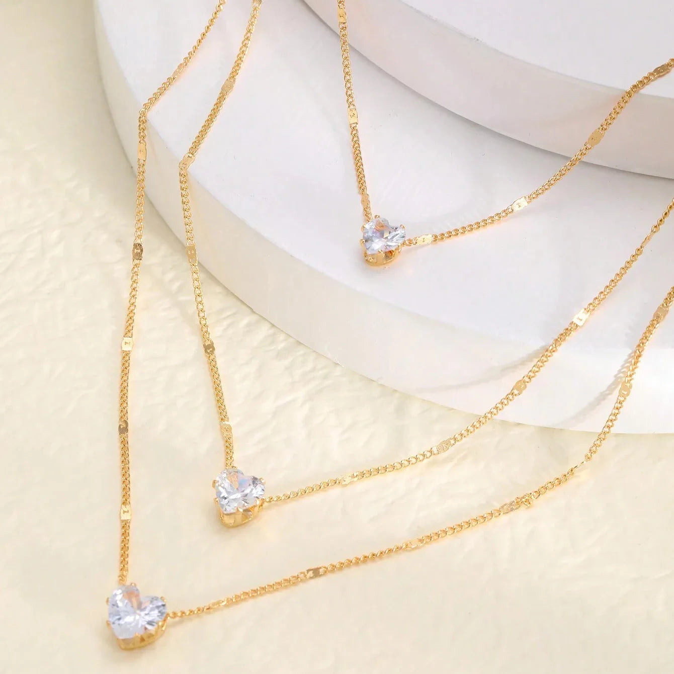 3 Layer White Zircon Water Drop Tassel Necklace 18K Gold Plated Heart Diamond Pendant Link Chain Choker