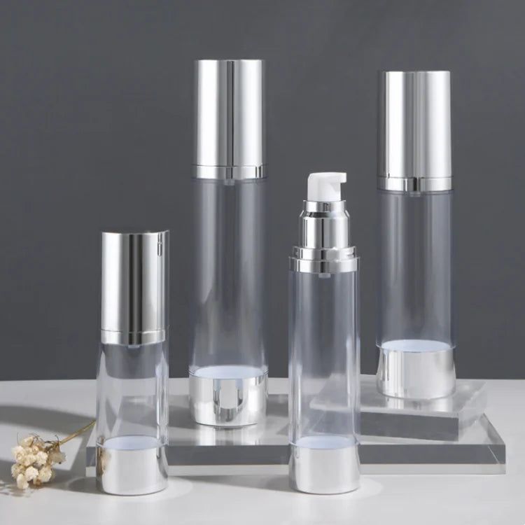 Free Sample Silver Airless Pump Bottle 15ml 30ml 50ml 100ml Skincare Lotion Oils Plastic Serum Tubes Cosmetic Packaging