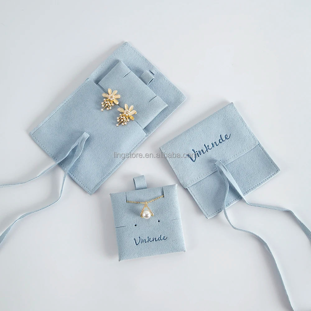 Hot Selling Light Blue Microfiber Jewelry Pouch with Custom Printing Insert Pad for Earrings Rings Premium Jewellery Container