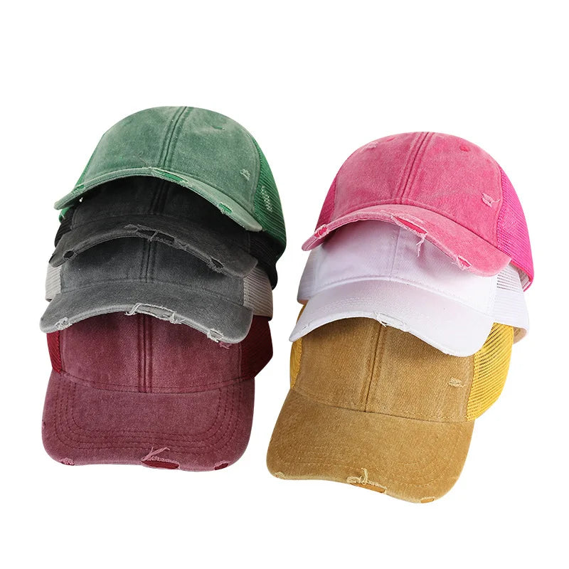 Wholesale Worn Out Blank Sports Mesh Trucker Baseball Hats Fashion Customized Embroidered Denim Mesh Baseball Hats for Women