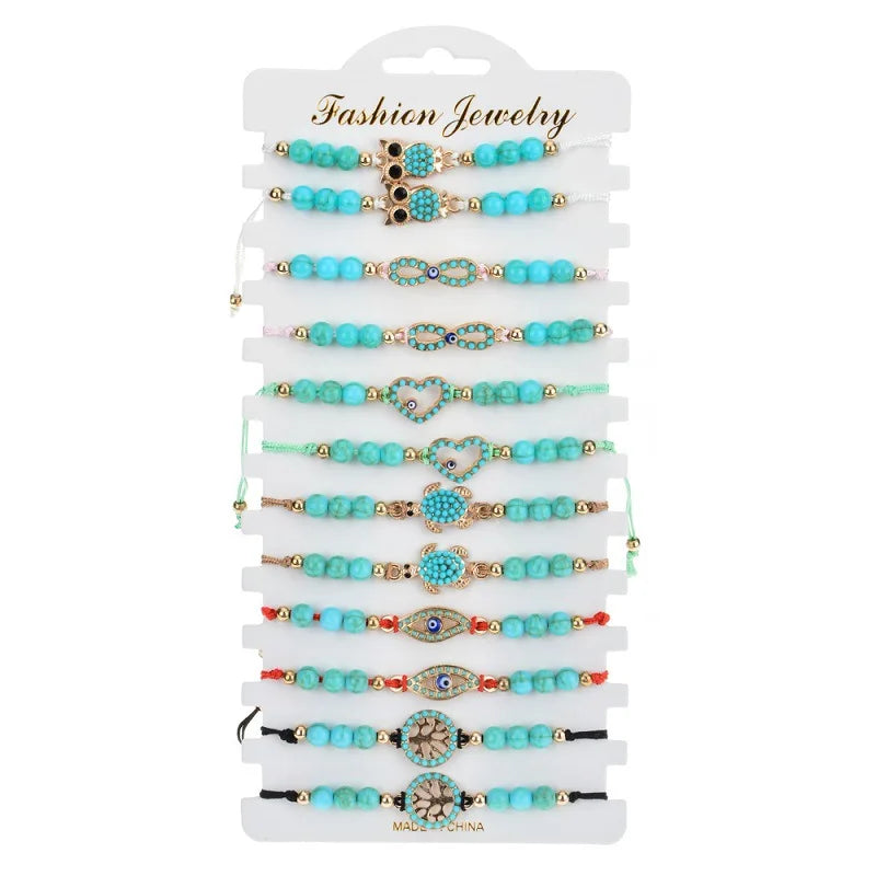 12pcs Custom Natural Stone Turquoise Charms Handmade Rope String Protection Lucky Hamsa Evil Eye Bracelets