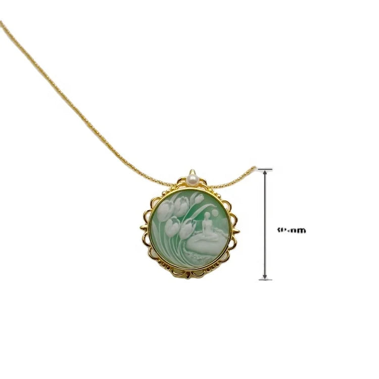 Heizun Original Green Agate Cameo Engraved Stone Fairy Rose Flower Pendant Vintage Classic S925 Sterling Silver Necklace