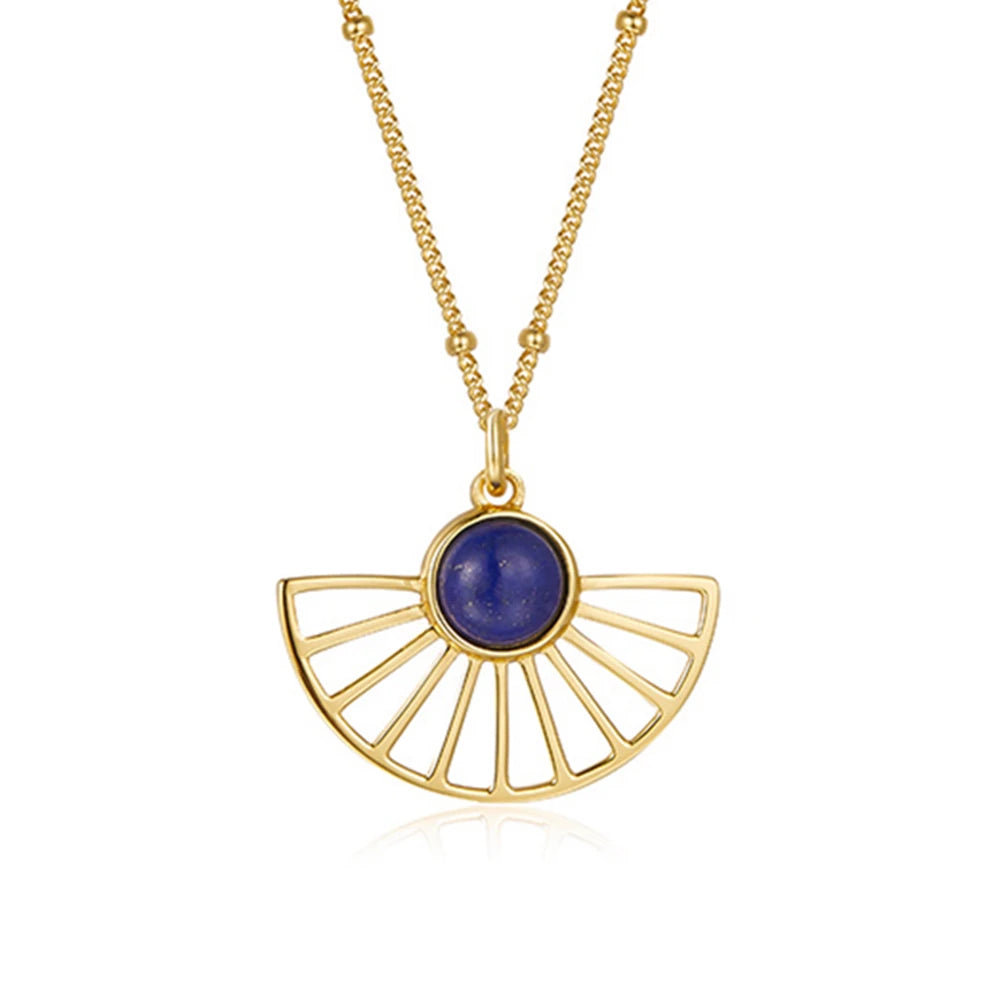 Joacii 925 Sterling Silver 18K Gold Plated Gemstone Bead Chain Natural Lapis Lazuli Fan Design Shaped Necklace