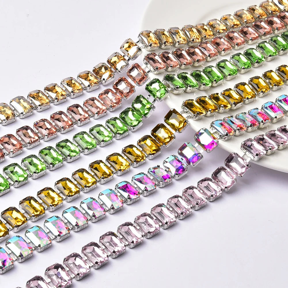 14mm Width Glass Rectangle Decorative Rhinestone Cup Chain Fancy Crystal Metal Trim Sew on Clothing Belt Diy Jewelry Accessories