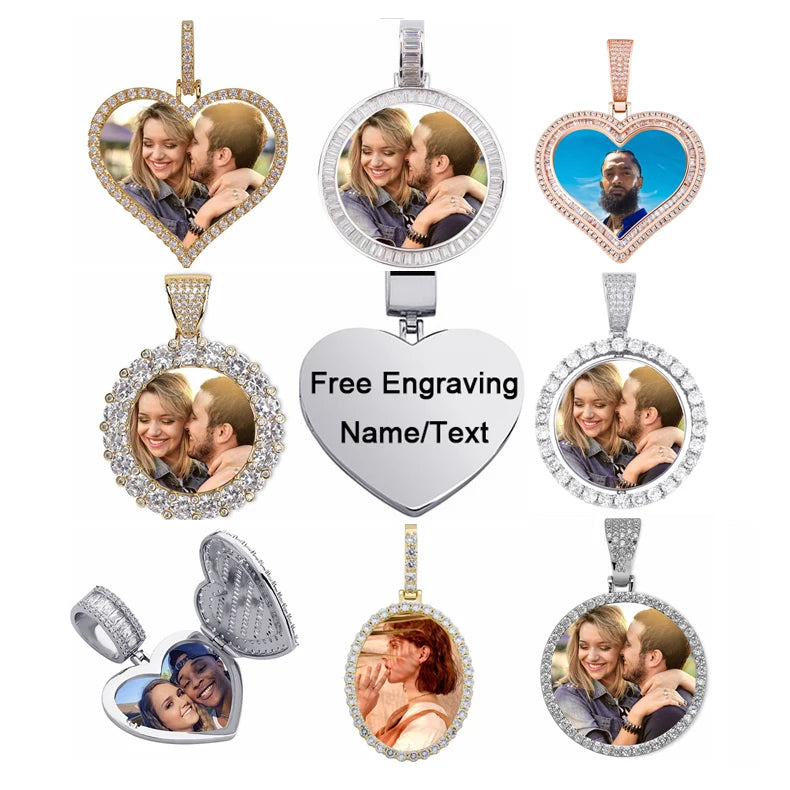 Personalized Iced Out Cubic Zircon Edge Paved Photo Frame Pendant Necklace Custom Photo Pendant Family Girlfriend Gift Necklace MegaBDM